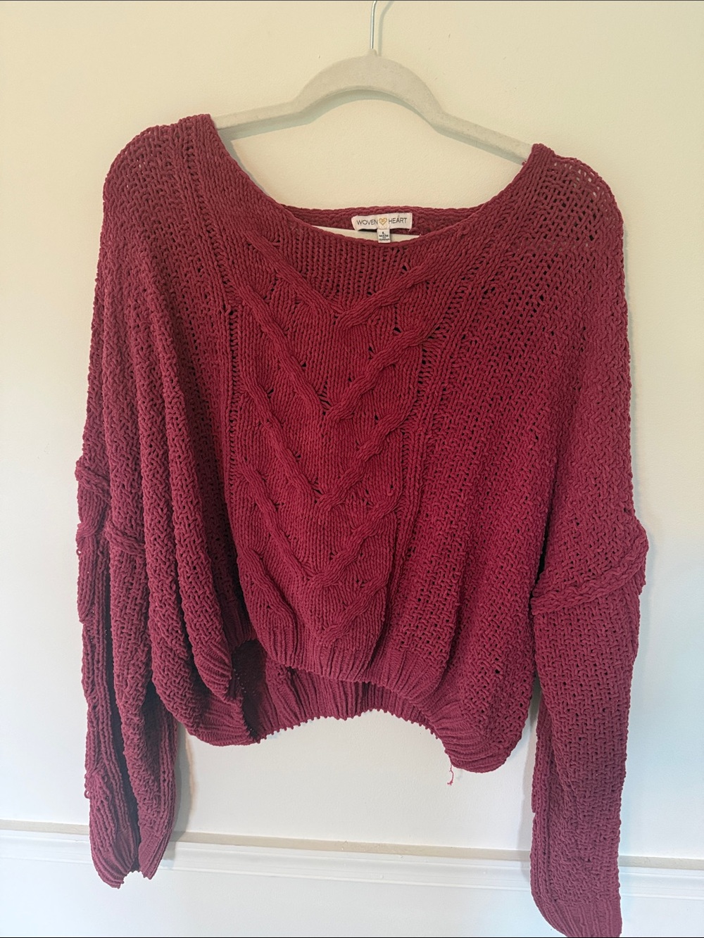 Woven Heart Deep Wine Cable Knit Scoop Neck Sweater